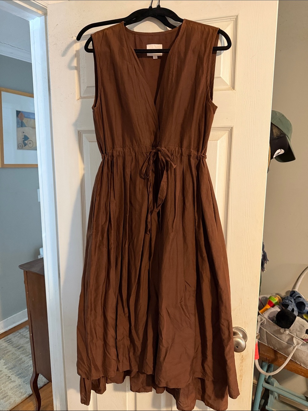 sundays Sleeveless V-Neck Tie-Waist Midi Dress in Brown